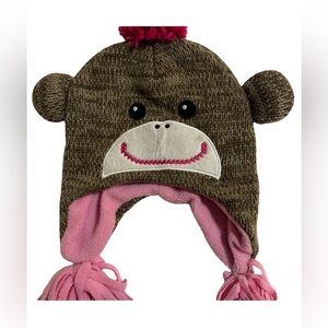 Adorable brown and pink winter monkey hat with pink pom poms